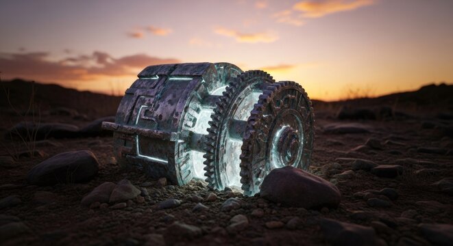 Ancient alien artifact with glowing gears in desert landscape. Unidentified forgotten technology from science fiction. Time machine mystery concept. - Powered by Adobe