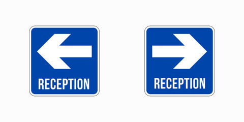 Two blue reception signs with white arrows pointing left and right the signs are square and have the word reception in white letters below the arrows