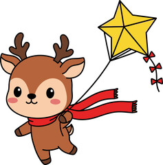 A cheerful cartoon reindeer with a red scarf flies a star-shaped kite, celebrating Christmas with joy and festive spirit in a colorful illustration.