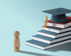 Inspiring graduation success concept with books as steps and mortarboard cap, education achievement goals metaphor, knowledge ladder