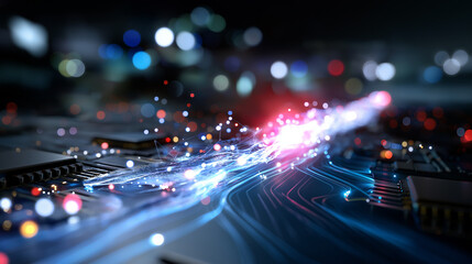 Defocused close-up of futuristic circuitry illuminated by moving data streams, glowing AI core visible through light haze, cinematic cyberpunk mood, with copy space.