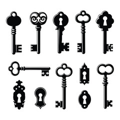Collection of antique keys and ornate keyholes black silhouettes