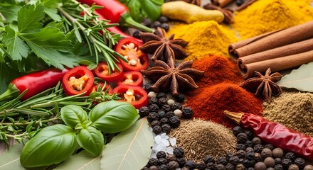 Vibrant selection of aromatic cooking spices and fresh herbs for culinary food background. isolated PNG with Transparent Background