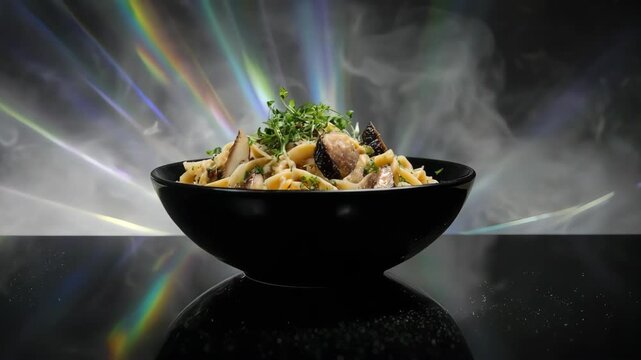 Pasta dish with garnish of greens in a bowl with light beams effect 