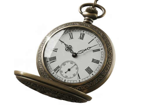 Antique pocket watch with roman numerals isolated on transparent background, a vintage timepiece for collectors and history enthusiasts