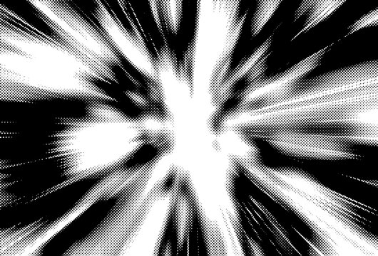Illustration in a manga style features bold black and white colors, dynamic radial lines, and halftone dots, creating an explosive burst effect with abstract shapes radiating from the center.