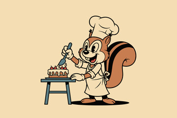 Happy Squirrel Chef Decorating a Delicious Cake with Berries.