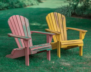 Relaxing summer vibe with bright Adirondack chairs on green lawn perfect for outdoor living and vacation rentals marketing