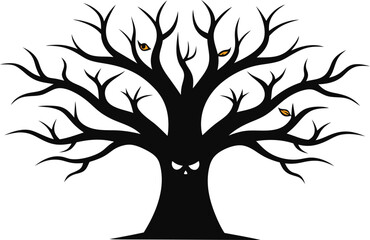 Spooky silhouette tree with glowing eyes and owl