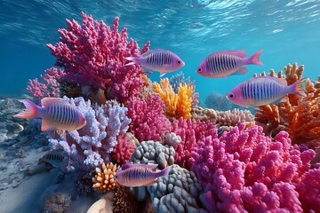 A stunning coral reef scene, where colorful tropical fish swim among vibrant corals, their scales shining brightly in the clear, sunlit water.