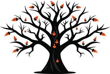 Fototapeta premium Spooky black silhouette tree with glowing orange lanterns