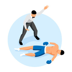Isometric sports illustration of a referee counting out a boxer after a knockout in a boxing match