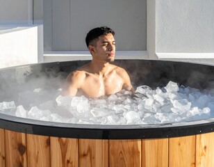 young man relaxing in a bathroom with ice