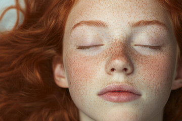 Red-haired girl with freckles, close-up, portrait, minimalism style, skin, face, youth, beauty, natural, natural beauty