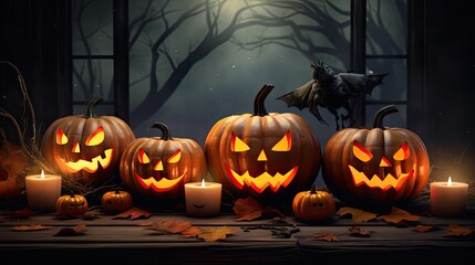 Obraz premium Halloween pumpkins glow with warm light in eerie scene for spooky posters, party invitations, and autumn event design.