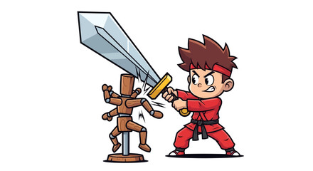 Determined cartoon warrior training hard with a gigantic sword destroying a wooden doll training