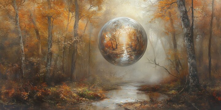 Ethereal orb reflects autumn forest path with stream misty atmosphere Reflection