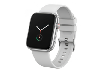 Modern smartwatch with a white band isolated on transparent background, displaying a minimalist watch face and sleek design for everyday use