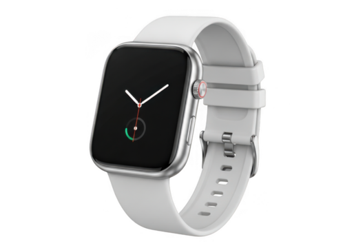 Modern smartwatch with a white band isolated on transparent background, displaying a minimalist watch face and sleek design for everyday use