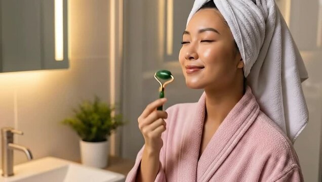 Asian woman enjoying a facial massage with a jade roller in a modern bathroom, showcasing a selfcare beauty routine and glowing skin