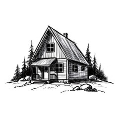 Hand-drawn sketch of a rustic cabin in a forest