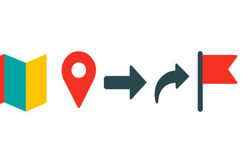 Sequence of map pin, route arrows, and destination flag showing navigation and planning steps