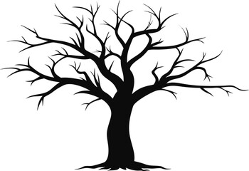 Silhouette of a bare deciduous tree against a white background