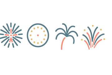 Fototapeta premium Minimalist icon set of fireworks explosions and a simple clock face for celebration events