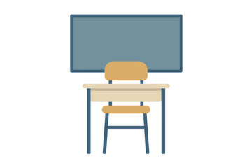 Fototapeta premium Empty wooden school desk and chair set against a large blank chalkboard background