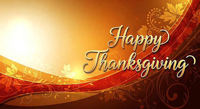 Golden Happy Thanksgiving text with autumn leaves and swirling patterns fall