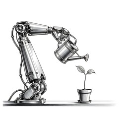 Robotic arm watering a small plant in a pot