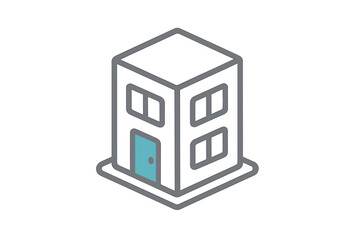 Simple isometric two-story residential or commercial building with a teal entrance door