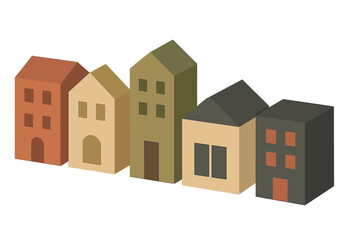 Row of simple geometric houses in earthy tones standing together on a white background