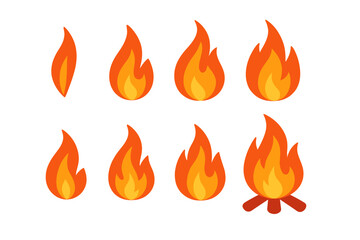 Eight stylized fire flames showing different shapes, intensity levels, and a complete campfire design