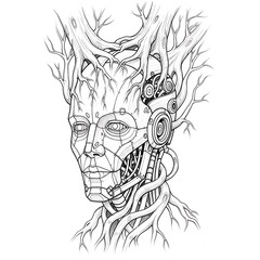 Hybrid cybernetic human head with intricate tree roots