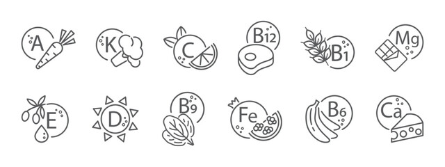 Vitamin, Nutrient, Mineral Line Icons. Retinol, Tocopherol, Folic Acid, Thiamine, and Foods Containing Them. Vector Illustration. Editable Stroke.