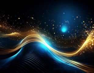 abstract blue and gold light wave glowing particles digital art