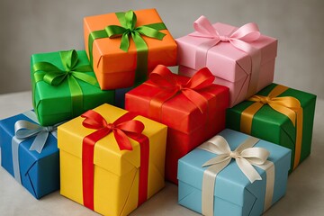 Obraz premium Colorful gift boxes ready for celebration or special occasion.