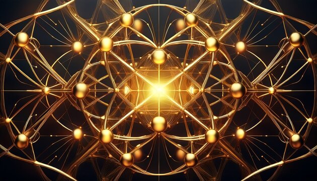 abstract golden molecule structure glowing dark background - Powered by Adobe