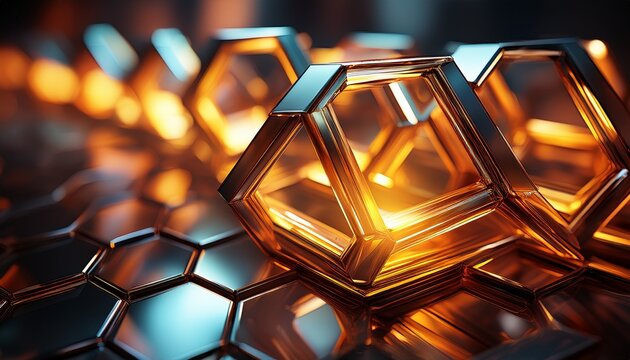 abstract hexagonal glass structure illuminated with warm light a close up shot