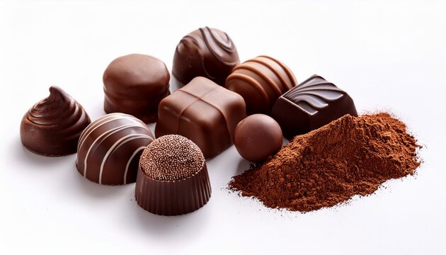 assorted dark chocolate bonbons and truffles on white background