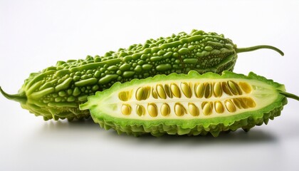 freshly sliced bitter melon with distinctive green skin and visible seeds on white background