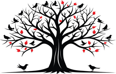 Obraz premium Stylized silhouette tree with birds and red leaves