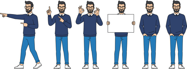 Cartoon man character, gesture poses, beard glasses, casual outfit, pointing, OK sign, holding board, standing, vector illustration, set