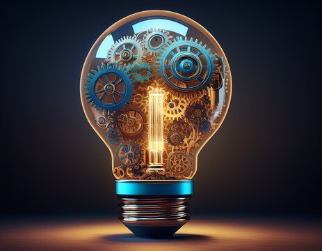glowing lightbulb filled with intricate gears and mechanics innovative design