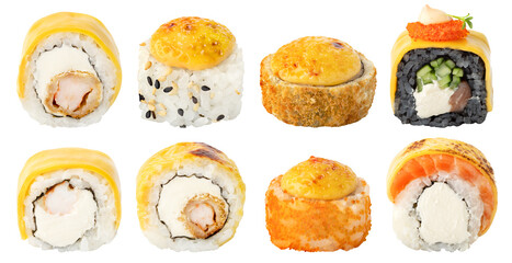 Set of different sushi rolls isolated on white background. Collection of grilled cheese on top. Baked sushi rolls isolated on white background