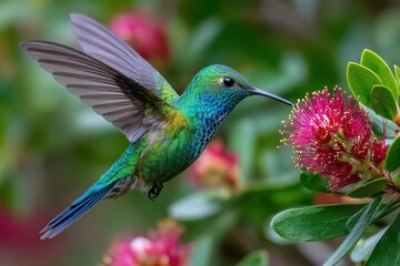 Fototapeta premium Hummingbird in Flight Near a Vibrant Red Flower