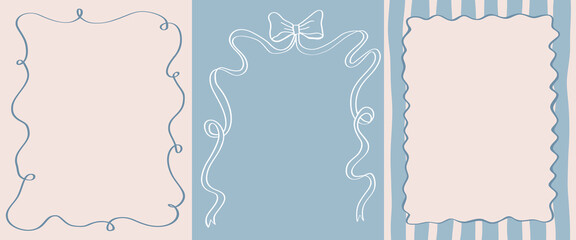 Set of elegance frames with wavy lines, bows, ribbons in coquette core style. Vintage borders for greeting cards, wedding and birthday party, picnic invitations, social media decoration template. 