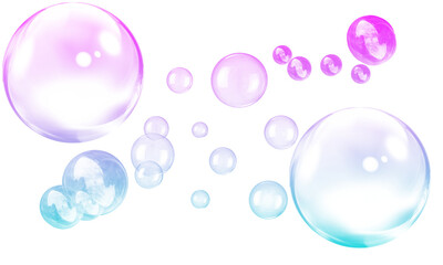 Collection of colorful soap bubbles transparent spheres floating in the air isolated on white background