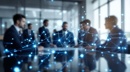 Business meeting with digital network overlay showing connection and collaboration among professionals